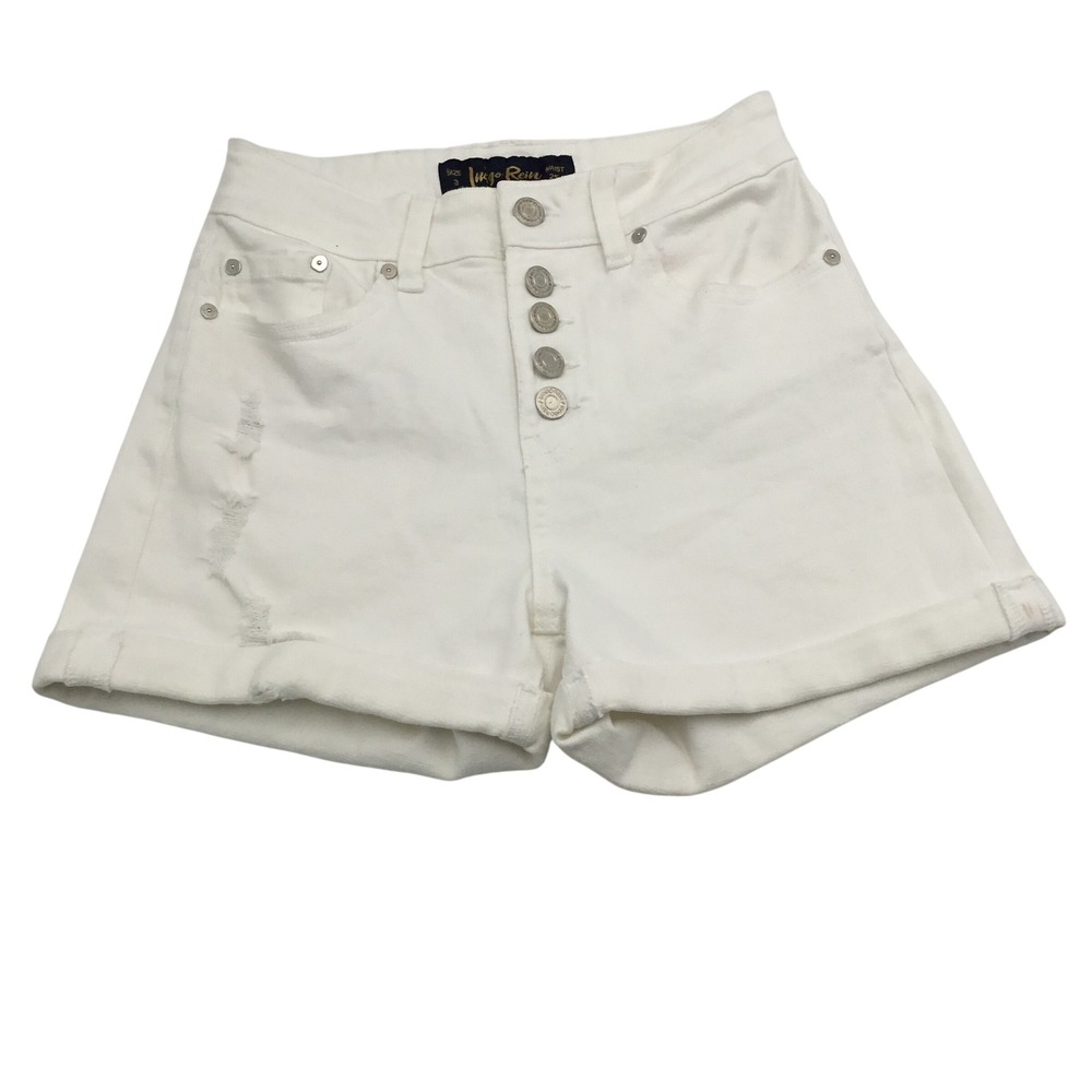 Indigo ReinWhite High Waisted Button Fly Distressed Denim Shorts Size 3 Waist 25